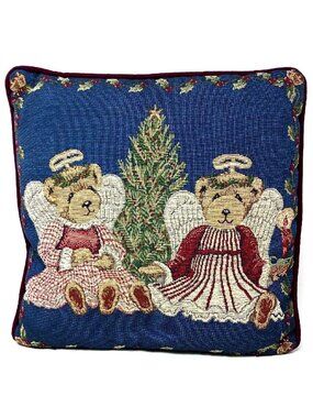 Holiday Tapestry Throw Pillow Two Angel Bears Tree 17 Inch VTG #D8